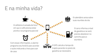 Internet
das Coisas
E na minha vida?
O calendário avisa sobre
suas reuniões do dia
O carro informa o nível
de gasolina e se será
preciso abastecer no
caminho para o
escritório
O GPS calcula o tempo do
trajeto parando no posto de
gasolina se necessário
Com essas informações, o alarme
programa seu horário para acordar
e outro indicando a hora para sair
de casa
A cafeteira é avisada da hora
em que o café precisa estar
pronto e se programa para tal
 