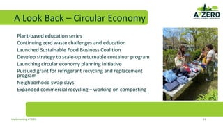 A Look Back – Circular Economy
Plant-based education series
Continuing zero waste challenges and education
Launched Sustainable Food Business Coalition
Develop strategy to scale-up returnable container program
Launching circular economy planning initiative
Pursued grant for refrigerant recycling and replacement
program
Neighborhood swap days
Expanded commercial recycling – working on composting
11
Implementing A2ZERO
 