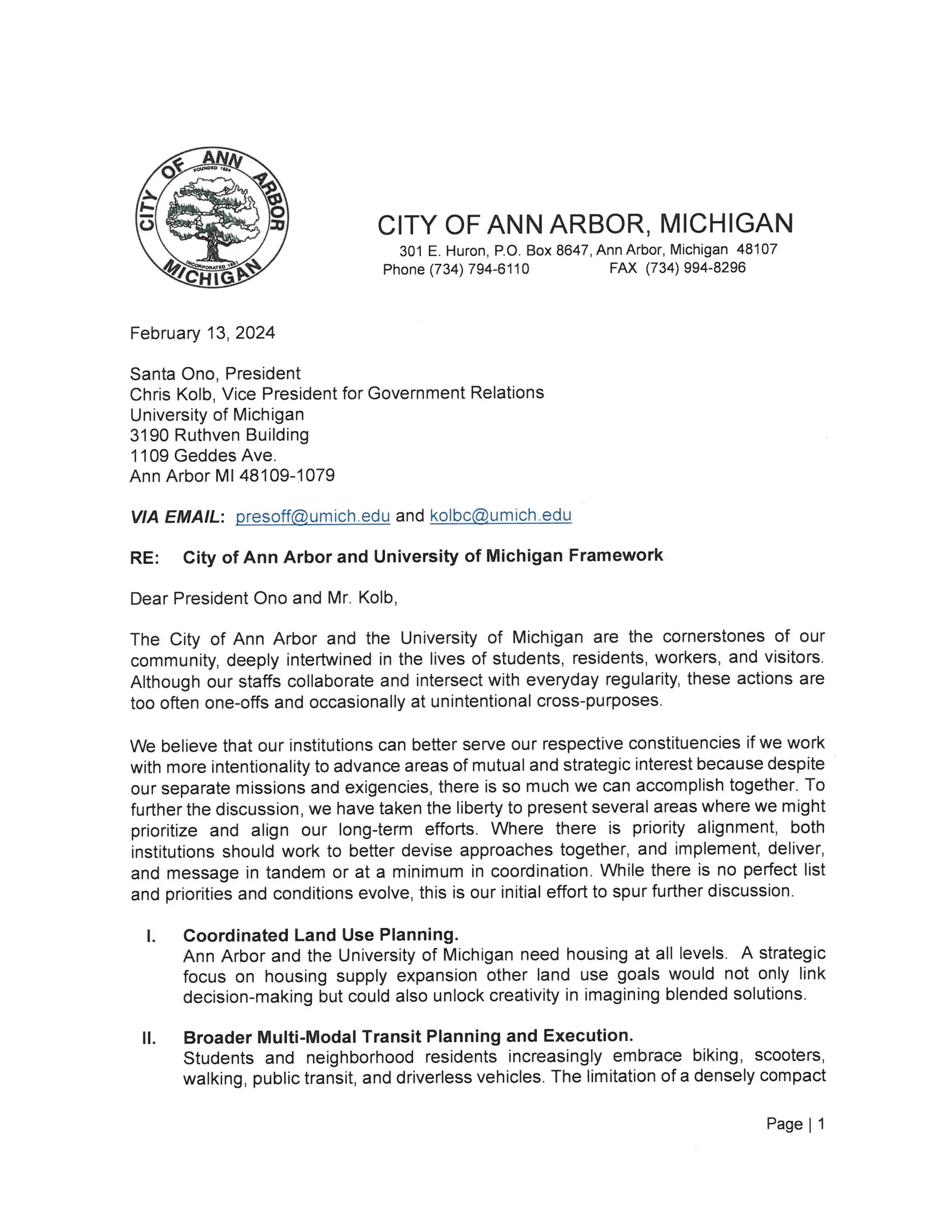 City of Ann Arbor - University Letter - ICV2024 | PDF