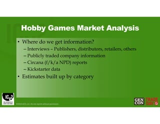 Hobby Games Market Analysis
• Where do we get information?
– Interviews – Publishers, distributors, retailers, others
– Publicly traded company information
– Circana (f/k/a NPD) reports
– Kickstarter data
• Estimates built up by category
©2023 GCO, LLC. Do not reprint without permission.
 