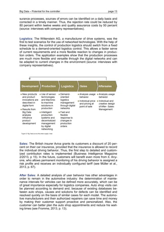 Big Data – Potential for the controller page 13 
surance processes, sources of errors can be identified on a daily basis and corrected in a timely manner. Thus, the rejection rate could be reduced by 80 percent within twelve weeks and quality assurance costs by 50 percent (source: interviews with company representatives). 
Logistics: The Wittenstein AG, a manufacturer of drive systems, was the first to test scenarios for the use of networked technologies. With the help of these insights, the control of production logistics should switch from a fixed schedule to a demand-oriented logistics control. This allows a faster serve of current requirements and a more flexible reaction to changes in produc- tion orders. The application examples show that the production processes are much more flexible and versatile through the digital networks and can be adapted to current changes in the environment (source: interviews with company representatives). 
Sales: The British insurer Aviva grants its customers a discount of 20 per- cent on their car insurance, provided that the insurance is allowed to record the individual driving behavior. Thus, the first step to detailed and custom- ized contribution rates is implemented (Business Intelligence Magazine 2/2013, p 15). In the future, customers will benefit even more from it. Any- one, who allows permanent monitoring of his driving behavior is assigned a risk profile and receives an individually configured tariff (see Müller et al., 2013, p. 67). 
After Sales: A detailed analysis of user behavior has other advantages in order to remain in the automotive industry: the determination of mainte- nance intervals for vehicles can be defined more accurately, which can be of great importance especially for logistics companies. Auto shop visits can be planned according to demand and, because of existing databases be- tween auto shops, causes and solutions for defects can be identified and resolved quickly on the basis of similar cases for each model. The automo- tive manufacturers and their authorized repairers can save time and money by making their customer support proactive and personalized. Also, the customer can better plan the auto shop appointments and reduce his wait- ing times (see Fromme, 2013, p. 13).  