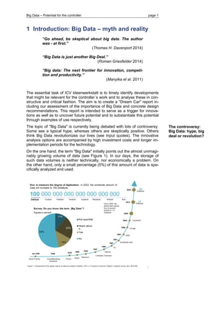 Big Data – Potential for the controller page 1 
The controversy: Big Data: hype, big deal or revolution? 
1 Introduction: Big Data – myth and reality 
“Go ahead, be skeptical about big data. The author was - at first.” 
(Thomas H. Davenport 2014) 
“Big Data is just another Big Deal.” 
(Roman Griesfelder 2014) 
“Big data: The next frontier for innovation, competi- tion and productivity.” 
(Manyika et al. 2011) 
The essential task of ICV Ideenwerkstatt is to timely identify developments that might be relevant for the controller´s work and to analyse these in con- structive and critical fashion. The aim is to create a "Dream Car" report in- cluding our assessment of the importance of Big Data and concrete design recommendations. This report is intended to serve as a trigger for innova- tions as well as to uncover future potential and to substantiate this potential through examples of use respectively. 
The topic of "Big Data" is currently being debated with lots of controversy. Some see a typical hype, whereas others are skeptically positive. Others think Big Data revolutionizes our lives (see Input quotes). The innovative analysis options are accompanied by high investment costs and longer im- plementation periods for the technology. 
On the one hand, the term "Big Data" initially points out the almost unimagi- nably growing volume of data (see Figure 1). In our days, the storage of such data volumes is neither technically, nor economically a problem. On the other hand, only a small percentage (5%) of this amount of data is spe- cifically analyzed and used. 
: 
 