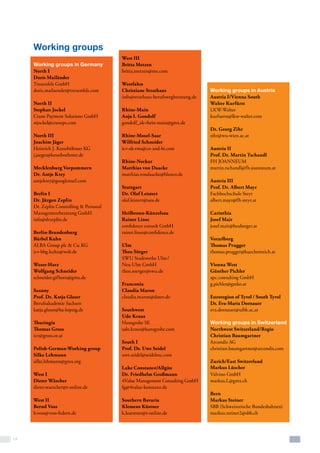14
Working groups
Working groups in Germany
North I
Doris Mailänder
Treuenfels GmbH
doris.mailaender@treuenfels.com
North II
Stephan Jockel
Crane Payment Solutions GmbH
stjockel@craneps.com
North III
Joachim Jäger
Heinrich J. Kesseböhmer KG
j.jaeger@kesseboehmer.de
Mecklenburg Vorpommern
Dr. Antje Krey
antjekrey@googlemail.com
Berlin I
Dr. Jürgen Zeplin
Dr. Zeplin Controlling & Personal
Managementberatung GmbH
info@drzeplin.de
Berlin-Brandenburg
Bärbel Kuhn
ALBA Group plc & Co. KG
icv-bbg.kuhn@web.de
Weser-Harz
Wolfgang Schneider
schneider.gifhorn@gmx.de
Saxony
Prof. Dr. Katja Glaser
Berufsakademie Sachsen
katja.glaser@ba-leipzig.de
Thuringia
Thomas Gross
icv@gross.or.at
Polish-German-Working group
Silke Lehmann
silke.lehmann@gmx.org
West I
Dieter Wäscher
dieter.waescher@t-online.de
West II
Bernd Voss
b.voss@voss-federn.de
West III
Britta Metzen
britta.metzen@me.com
Westfalen
Christiane Strathaus
info@strathaus-berufswegberatung.de
Rhine-Main
Anja I. Gondolf
gondolf_ak-rhein-main@gmx.de
Rhine-Mosel-Saar
Wilfried Schneider
icv-ak-rms@co-and-bi.com
Rhine-Neckar
Matthias von Daacke
matthias.vondaacke@blanco.de
Stuttgart
Dr. Olaf Leistert
olaf.leistert@uos.de
Heilbronn-Künzelsau
Rainer Linse
confidence consult GmbH
rainer.linse@confidence.de
Ulm
Theo Sörger
SWU Stadtwerke Ulm /
Neu-Ulm GmbH
theo.soerger@swu.de
Franconia
Claudia Maron
claudia.maron@datev.de
Southwest
Udo Kraus
Hansgrohe SE
udo.kraus@hansgrohe.com
South I
Prof. Dr. Uwe Seidel
uwe.seidel@seidelmc.com
Lake Constance/Allgäu
Dr. Friedhelm Großmann
4Value Management Consulting GmbH
fg@4value-konstanz.de
Southern Bavaria
Klemens Küstner
k.kuestner@t-online.de
Working groups in Austria
Austria I/Vienna South
Walter Kurfürst
LKW-Walter
kurfuerst@lkw-walter.com
Dr. Georg Zihr
zihr@wu-wien.ac.at
Austria II
Prof. Dr. Martin Tschandl
FH JOANNEUM
martin.tschandl@fh-joanneum.at
Austria III
Prof. Dr. Albert Mayr
Fachhochschule Steyr
albert.mayr@fh-steyr.at
Carinthia
Josef Mair
josef.mair@heuberger.at
Vorarlberg
Thomas Prugger
thomas.prugger@kuechenreich.at
Vienna West
Günther Pichler
apc.consulting GmbH
g.pichler@greko.at
Euroregion of Tyrol / South Tyrol
Dr. Eva-Maria Dornauer
eva.dornauer@uibk.ac.at
Working groups in Switzerland
Northwest Switzerland/Regio
Christian Baumgartner
Arcondis AG
christian.baumgartner@arcondis.com
Zurich/East Switzerland
Markus Lüscher
Valvino GmbH
markus.L@gmx.ch
Bern
Markus Steiner
SBB (Schweizerische Bundesbahnen)
markus.steiner2@sbb.ch
 