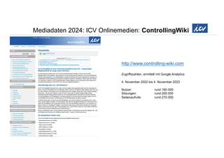 Mediadaten 2024: ICV Onlinemedien: ControllingWiki
http://www.controlling-wiki.com
Zugriffszahlen, ermittelt mit Google Analytics
4. November 2022 bis 4. November 2023
Nutzer: rund 160.000
Sitzungen: rund 200.000
Seitenaufrufe: rund 270.000
 