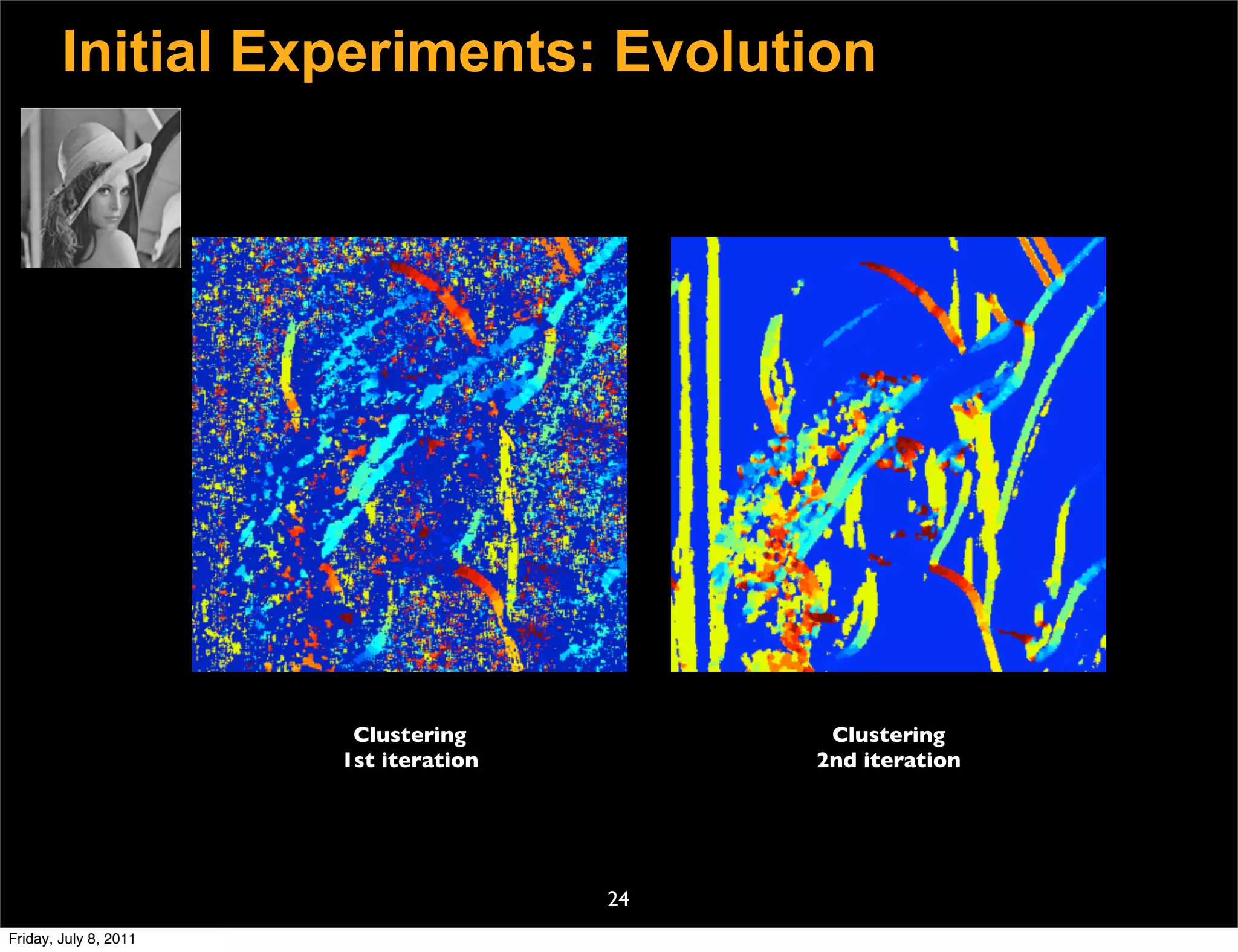 Initial Experiments: Evolution




                        Clustering           Clustering
                       1st iteration        2nd iteration




                                       24
Friday, July 8, 2011
 
