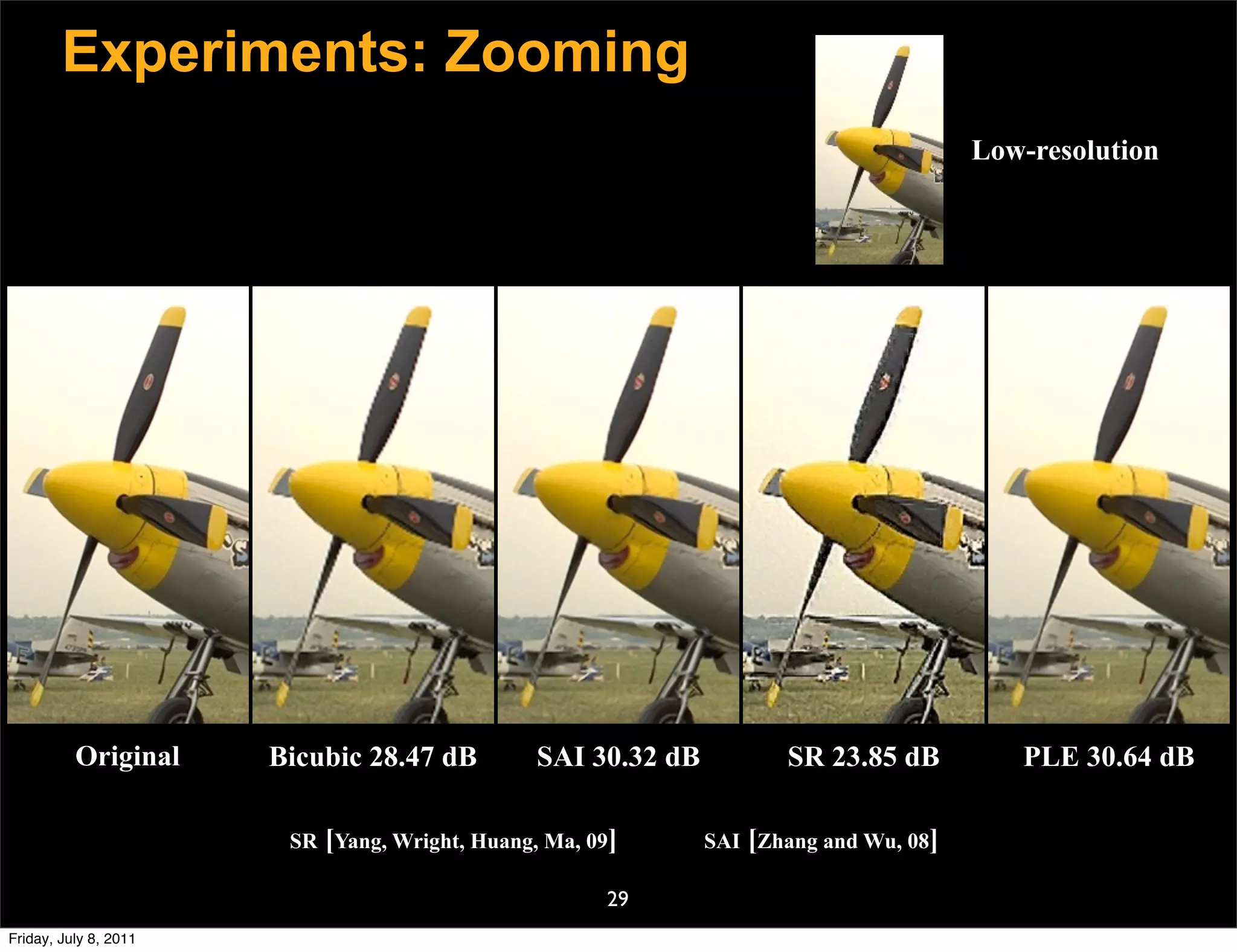 Experiments: Zooming
                                                                                        Low-resolution




          Original     Bicubic 28.47 dB         SAI 30.32 dB          SR 23.85 dB          PLE 30.64 dB

                        SR [Yang, Wright, Huang, Ma, 09]       SAI [Zhang and Wu, 08]

                                                      29
Friday, July 8, 2011
 