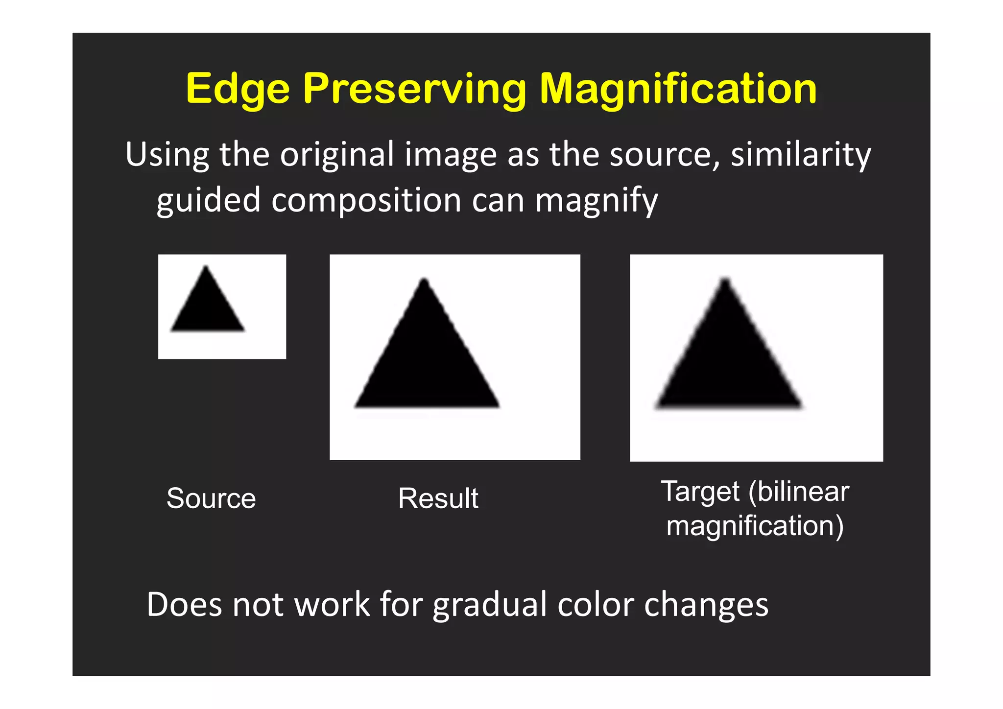 Edge Preserving Magnification
Using the original image as the source, similarity
  guided composition can magnify




  Source          Result           Target (bilinear
                                   magnification)

 Does not work for gradual color changes
 