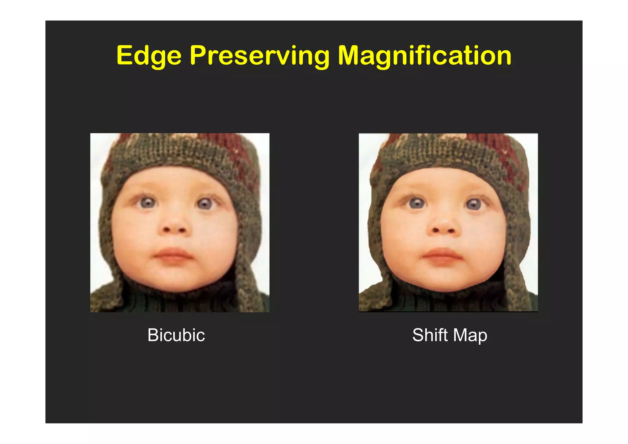 Edge Preserving Magnification




  Bicubic            Shift Map
 