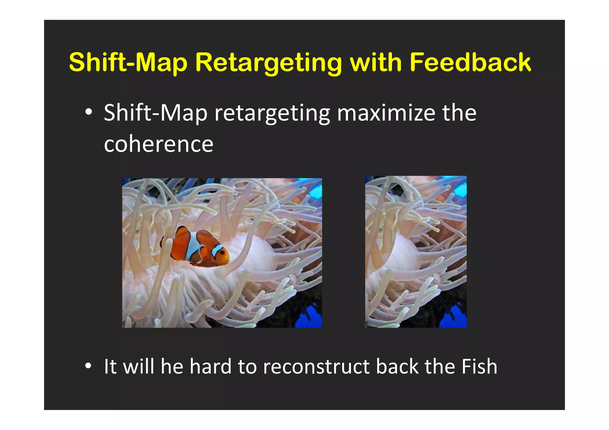 Shift-Map Retargeting with Feedback
 • Shift-Map retargeting maximize the
   coherence




 • It will he hard to reconstruct back the Fish
 