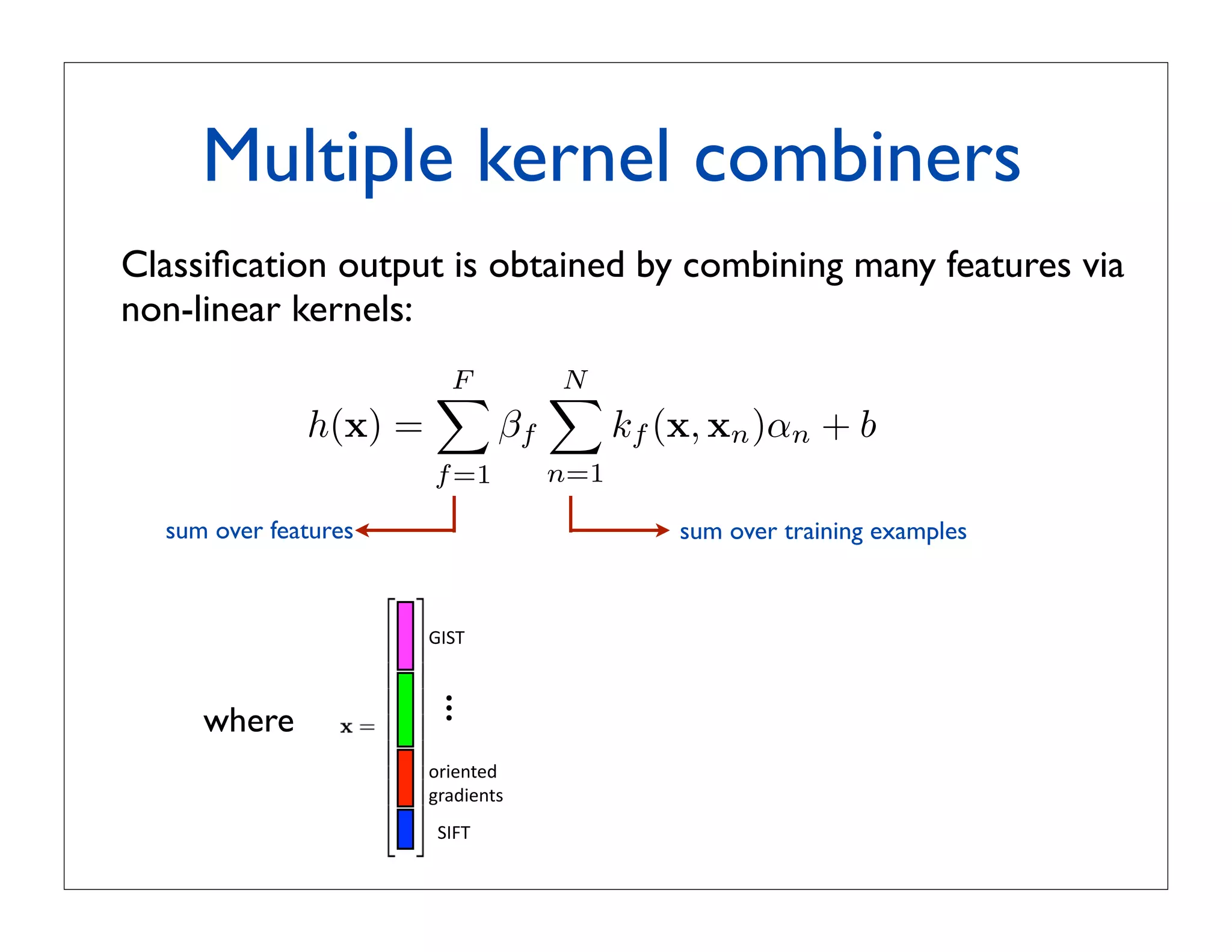 Multiple kernel combiners
Classiﬁcation output is obtained by combining many features via
non-linear kernels:
                       F
                                    N
                                     
              h(x) =            βf         kf (x, xn )αn + b
                       f =1          n=1

  sum over features                            sum over training examples



                       !#$%
                      ...




     where
                       '()*+),%%
                       -'.,()*+/%
                        #0$%
 