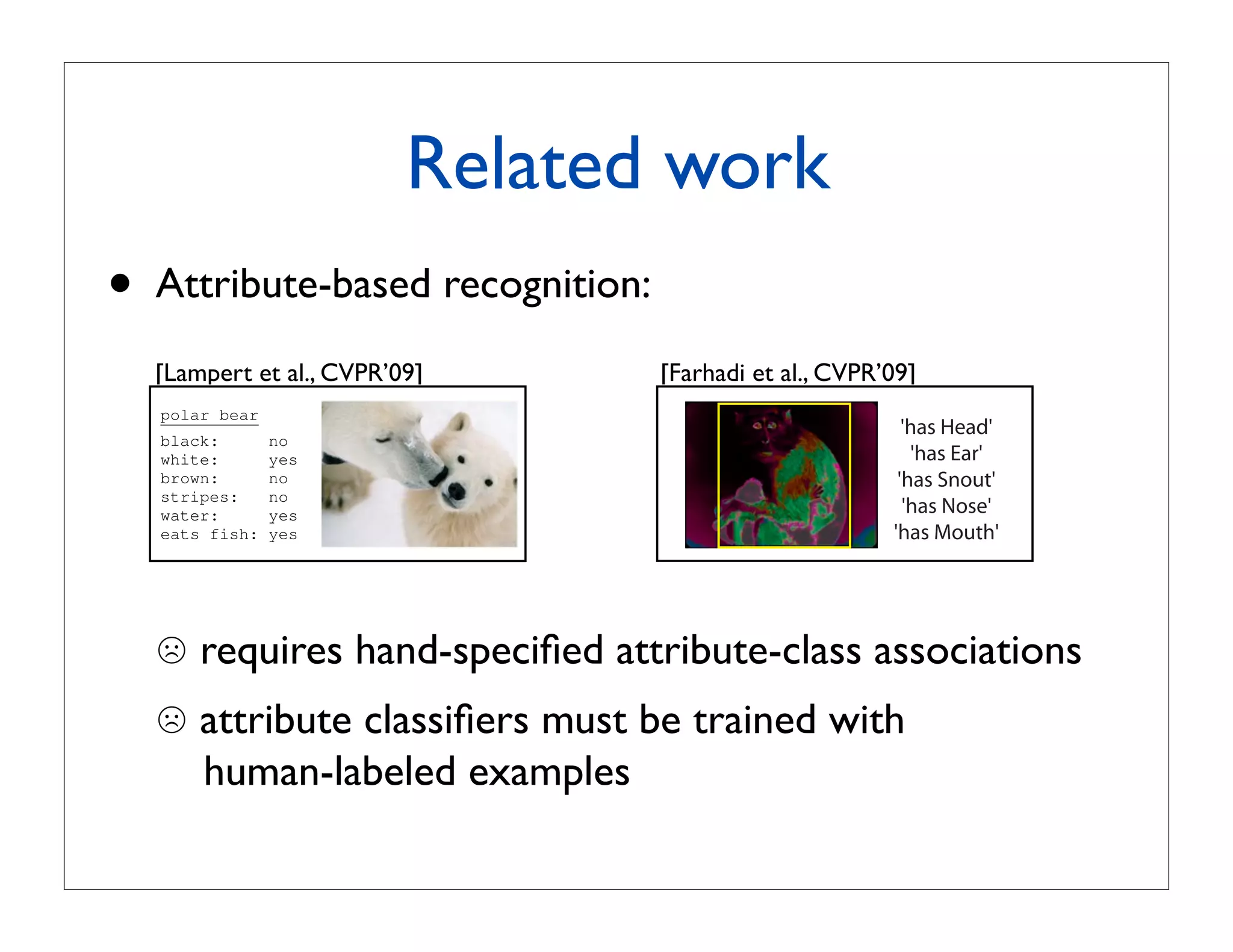 bject Classes by Between-Class Attribute Transfer
      Hannes Nickisch       Stefan Harmeling

                                          Related work
or Biological Cybernetics, T¨ bingen, Germany
                            u
 me.lastname}@tuebingen.mpg.de




               •
                   otter


 when train-
                   Attribute-based recognition:
                    black:
                    white:
                               yes
                               no
                    brown:     yes
examples of         stripes:   no
hardly been         water:     yes
                   [Lampert et al., CVPR’09]             [Farhadi et al., CVPR’09]
                    eats fish: yes
 rule rather
ens of thou-       polar bear
                   black:       no
 very few of       white:       yes
d annotated        brown:       no
                   stripes:     no
                   water:       yes
 introducing       eats fish:   yes
ct detection   zebra
ption of the   black:     yes
 description   white:     yes

                       requires hand-speciﬁed attribute-class associations
               brown:     no
 hape, color
s. On the left
h properties
               stripes:
               water:
                          yes
                          no
ribute be
 hey can predic-
               eats fish: no

  to
      displayed.       attribute classiﬁers must be trained with
arethe cur- Figure 1. A description object categories: after learningthe transfer
                                    by high-level attributes allows
ected based   of knowledge between                                     the visual
ed for a new cat-      human-labeled examples
ve across appearance of attributes from any classes with training examples,
and to “engine”,can detect also object classes that do not have any training
 ike facil- we based on which attribute description a test image ﬁts best. randomly selected positively pre
  new large-  images,        Figure 5:            This ﬁgure shows
election helps
  30,000 an-                  tributes for 12 typical images from 12 categories in Yahoo set.
nd “rein” that of well-labeled training imageslearnedtechniques
rson’s clas-  lions                                     and is likely out of
                              classiﬁers are numerous on Pascal train set and tested on Yahoo se
              reach for years to come. Therefore,
 emantic at-
 one class outreducing the number of necessary training imagesattributes from the list of 64 attributes a
              for             domly select 5 predicted have
 