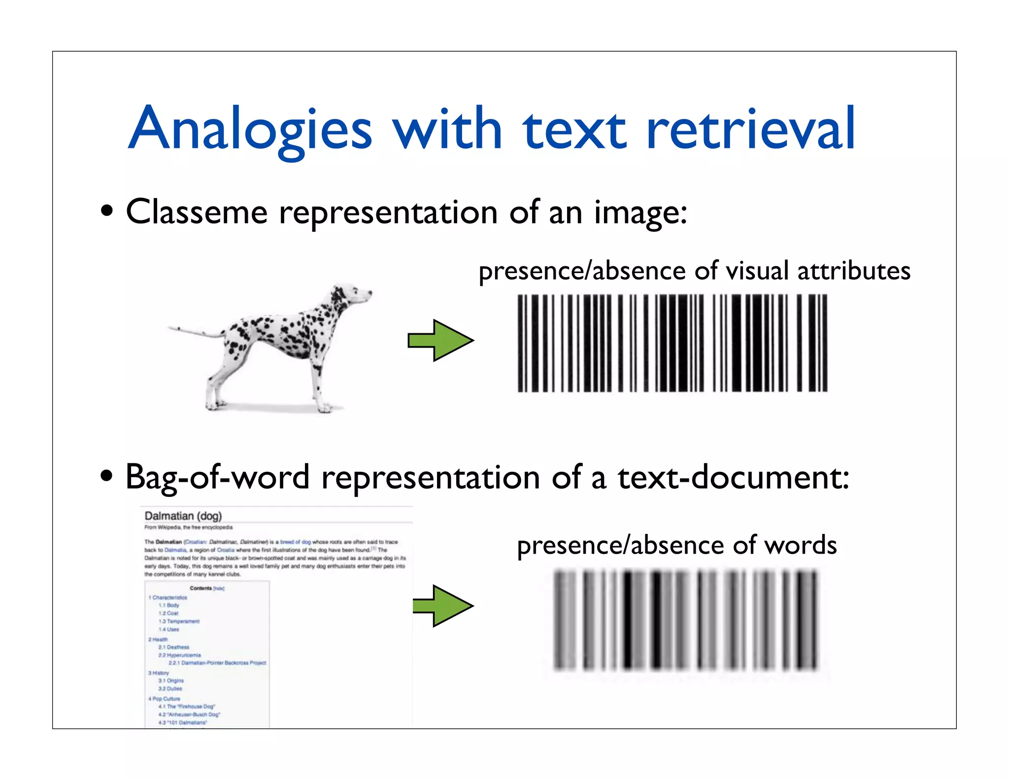 Analogies with text retrieval
• Classeme representation of an image:
                        presence/absence of visual attributes




• Bag-of-word representation of a text-document:
                           presence/absence of words
 