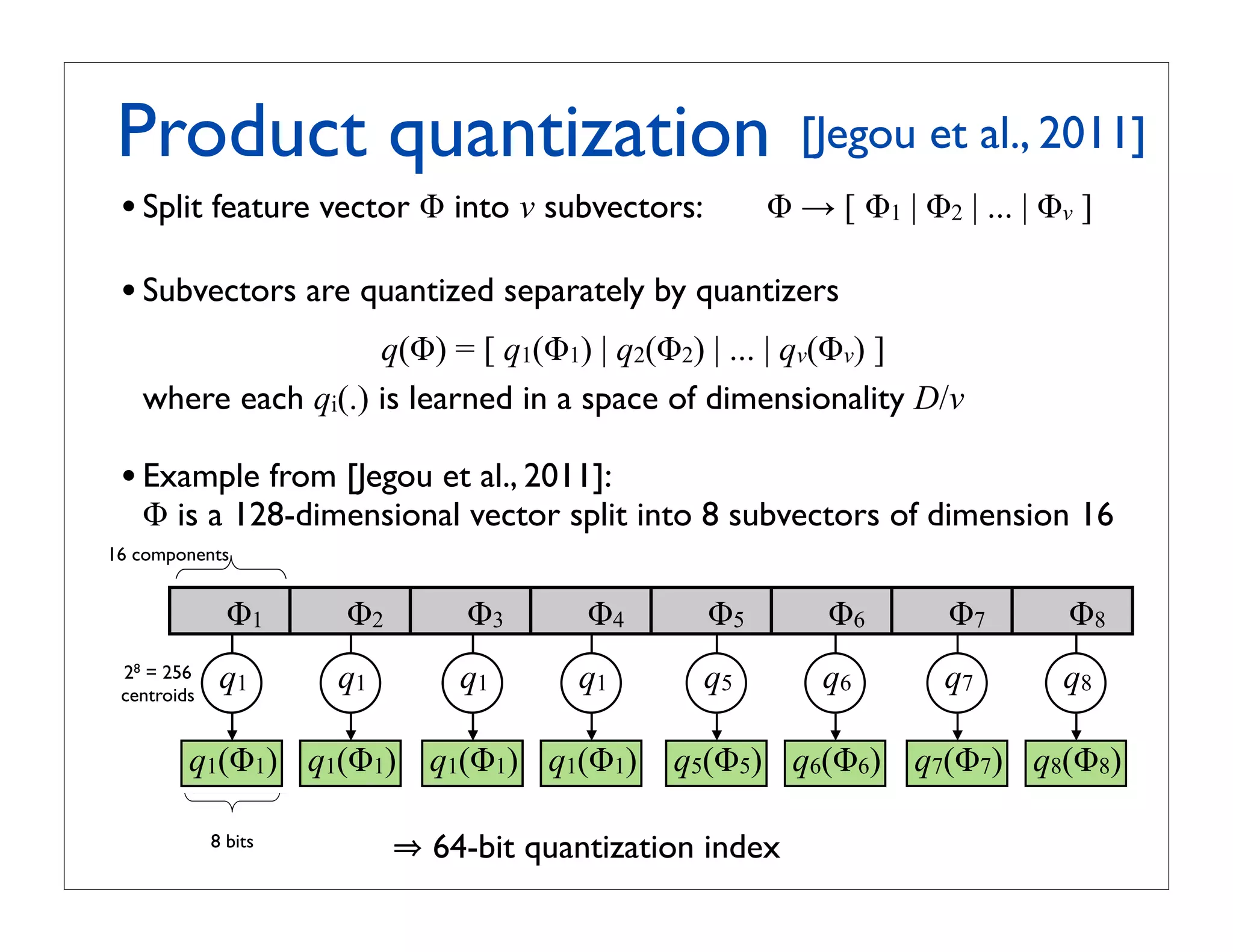 Product quantization
                    !
        Product quantization for nearest neighbor search
                                                                                                                 [Jegou et al., 2011]
 • Split feature vector ! into v subvectors:                                                               !  [ !1 | !2 | ... | !v ]
              Vector split into m subvectors:
 • Subvectors are quantized separately by quantizers
              Subvectors are quantized separately by quantizers
                       q(!) = [ q1(!1) | q2(!2) | ... | qv(!v) ]
      where each qi(.) is learned in a space of dimensionality D/v
                        where each           is learned by k-means with a limited number of centroids

 • Example from [Jegou vector split in 8 subvectors of dimension 16
      Example: y = 128-dim
                           et al., 2011]:
      ! is a 128-dimensional vector split into 8 subvectors of dimension 16
      16 components
16 components
                   y1               y2                     y3              y4                y5             y6              y7             y8
                   !1                  !2                       !3              !4                   !5               !6             !7            !8
                                                    xedni noitazitnauq tib-46
               stib 8

           256 ) 1 y( 1 q
                q
                              ) 2 y( 2 q
                                    q2
                                              ) 3 y( 3 q
                                                           q3
                                                                 )4y(4q
                                                                           q4
                                                                                   )5y(5q
                                                                                             q5
                                                                                                  )6y(6q
                                                                                                            q6
                                                                                                              )7y(7q        )8y(8q
                                                                                                                            q7             q8
 28   = 256
      centroids 1
 centroids
                   q1                 q2
                                       1                    q3
                                                             1                  q4
                                                                                 1                   q5               q6             q7            q8
       sdiortnec   1q            2q              3q                  4q              5q              6q          7q          8q
       652
               q1(y1)           q2(y2)              q3(y3)                q4(y4)            q5(y5)         q6(y6)          q7(y7)         q8(y8)
           q1(!1) q2(!2) q3(!3) q4(!4)
                   1
                   1y 1   1  1   1
                                 2y 1            3y                  4y              5y       q5(!5) q6(!6) q7(!7) q8(!8)
                                                                                                     6y          7y          8y
              8 bits
        stnenopmoc 61
                                                            64-bit quantization index
               8 bits
                                                      64-bit quantization index
               61 noisnemid fo srotcevbus 8 ni tilps rotcev mid-821 = y :elpmaxE

                        hcae erehw         sdiortnec fo rebmun detimil a htiw snaem-k yb denrael si
 