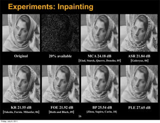 Experiments: Inpainting




               Original            20% available                 MCA 24.18 dB                  ASR 21.84 dB
                                                          [Elad, Starck, Querre, Donoho, 05]    [Guleryuz, 06]




           KR 21.55 dB              FOE 21.92 dB                     BP 25.54 dB               PLE 27.65 dB
  [Takeda, Farsiu. Milanfar, 06]   [Roth and Black, 09]         [Zhou, Sapiro, Carin, 10]
                                                          26
Friday, July 8, 2011
 
