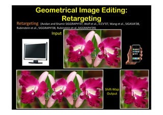 Geometrical Image Editing:
                     Retargeting
Retargeting          (Avidan and Shamir SIGGRAPH’07, Wolf et al., ICCV’07, Wang et al., SIGASIA’08,
Rubinstein et al., SIGGRAPH’08, Rubinstein et al.,SIGGRAPH’09)
                            Input




                                                                       Shift-Map
                                                                        Output
 
