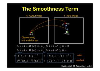 The Smoothness Term
        R - Output Image                 I - Input Image


                                    p’      np’



            pq                           nq’ q’
    Discontinuity
    in the shift-map



For p                      For q
                                                       color

                                                      gradient

                                   (Kwatra et al. 03, Agarwala et al. 04)
 