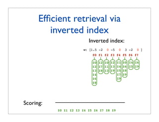 Efﬁcient retrieval via
         inverted index
                          Inverted index:
                       w: [1.5 -2   0 -5   0    3 -2   0 ]
                            f0 f1 f2 f3 f4 f5 f6 f7

                            I0 I2 I0 I2 I1     I0 I4 I6
                            I2 I7 I1 I3 I4     I6 I5 I9
                            I3 I8 I3 I9 I5     I8
                            I4          I7     I9
                            I6          I9
                            I8




Scoring:
           I0 I1 I2 I3 I4 I5 I6 I7 I8 I9
 