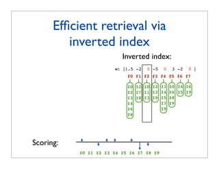 Efﬁcient retrieval via
         inverted index
                          Inverted index:
                       w: [1.5 -2   0 -5   0    3 -2   0 ]
                            f0 f1 f2 f3 f4 f5 f6 f7

                            I0 I2 I0 I2 I1     I0 I4 I6
                            I2 I7 I1 I3 I4     I6 I5 I9
                            I3 I8 I3 I9 I5     I8
                            I4          I7     I9
                            I6          I9
                            I8




Scoring:
           I0 I1 I2 I3 I4 I5 I6 I7 I8 I9
 