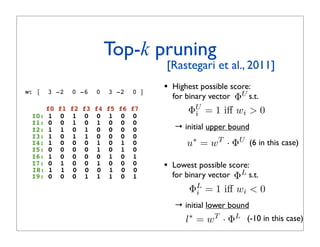 Top-k pruning
                                             ! [Rastegari et al., 2011]

w: [   3 -2   0 -6      0    3 -2      0 ]
                                               • Highest possible score:
                                                 for binary vector ΦU s.t.
    f0
 I0: 1
         f1
          0
              f2
               1
                   f3
                    0
                        f4
                         0
                             f5
                              1
                                  f6
                                   0
                                       f7
                                        0
                                                      ΦU = 1 iﬀ wi  0
                                                        i
 I1: 0    0    1    0    1    0    0    0
 I2: 1    1    0    1    0    0    0    0        → initial upper bound
 I3: 1    0    1    1    0    0    0    0
 I4: 1    0    0    0    1    0    1    0            u∗ = wT · ΦU (6 in this case)
 I5: 0    0    0    0    1    0    1    0
 I6: 1    0    0    0    0    1    0    1
 I7: 0
 I8: 1
          1
          1
               0
               0
                    0
                    0
                         1
                         0
                              0
                              1
                                   0
                                   0
                                        0
                                        0
                                               • Lowest possible score:
 I9: 0    0    0    1    1    1    0    1        for binary vector ΦL s.t.
                                                      ΦL = 1 iﬀ wi  0
                                                        i
                                                 → initial lower bound
                                                    l∗ = wT · ΦL (-10 in this case)
 