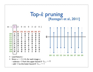 Top-k pruning
                                                ! [Rastegari et al., 2011]

w: [     3 -2    0 -6      0    3 -2      0 ]

    f0      f1   f2   f3   f4   f5   f6   f7
 I0: 1       0    1    0    0    1    0    0
 I1: 0       0    1    0    1    0    0    0
 I2: 1       1    0    1    0    0    0    0    0
 I3: 1       0    1    1    0    0    0    0
 I4: 1       0    0    0    1    0    1    0
 I5: 0       0    0    0    1    0    1    0
 I6: 1       0    0    0    0    1    0    1
 I7: 0       1    0    0    1    0    0    0
 I8: 1       1    0    0    0    1    0    0
 I9: 0       0    0    1    1    1    0    1
                                                    I0 I1 I2 I3 I4 I5 I6 I7 I8 I9
 •     Load feature i
 •     Since wi = +3 (0), for each image n:
       - subtract +3 from the upper bound if φn,i = 0
       - add +3 to the lower bound if φn,i = 1
 