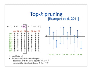 Top-k pruning
                                                ! [Rastegari et al., 2011]

w: [     3 -2    0 -6      0    3 -2      0 ]

    f0      f1   f2   f3   f4   f5   f6   f7
 I0: 1       0    1    0    0    1    0    0
 I1: 0       0    1    0    1    0    0    0
 I2: 1       1    0    1    0    0    0    0    0
 I3: 1       0    1    1    0    0    0    0
 I4: 1       0    0    0    1    0    1    0
 I5: 0       0    0    0    1    0    1    0
 I6: 1       0    0    0    0    1    0    1
 I7: 0       1    0    0    1    0    0    0
 I8: 1       1    0    0    0    1    0    0
 I9: 0       0    0    1    1    1    0    1
                                                    I0 I1 I2 I3 I4 I5 I6 I7 I8 I9
 •     Load feature i
 •     Since wi = -6 (0), for each image n:
       - decrement by 6 the upper bound if φn,i = 1
       - increment by 6 the lower bound if φn,i = 0
 