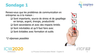 Pensez-vous que les problèmes de communication en
entreprise ou à la maison :
❑ Sont importants, source de stress et de gaspillage
en temps, argent, énergie, productivité
❑ Sont secondaires et avec des impacts limités
❑ Sont inévitables et qu’il faut faire avec
❑ Sont évitables avec formation et outils
*2 réponses possibles
Sondage 1
404/05/2020 La Process Communication Model - Cogiteo ©
 