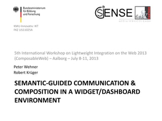 SEMANTIC-GUIDED COMMUNICATION &
COMPOSITION IN A WIDGET/DASHBOARD
ENVIRONMENT
5th International Workshop on Lightweight Integration on the Web 2013
(ComposableWeb) – Aalborg – July 8-11, 2013
KMU-Innovativ: IKT
FKZ 1IS11025A
Peter Wehner
Robert Krüger
 