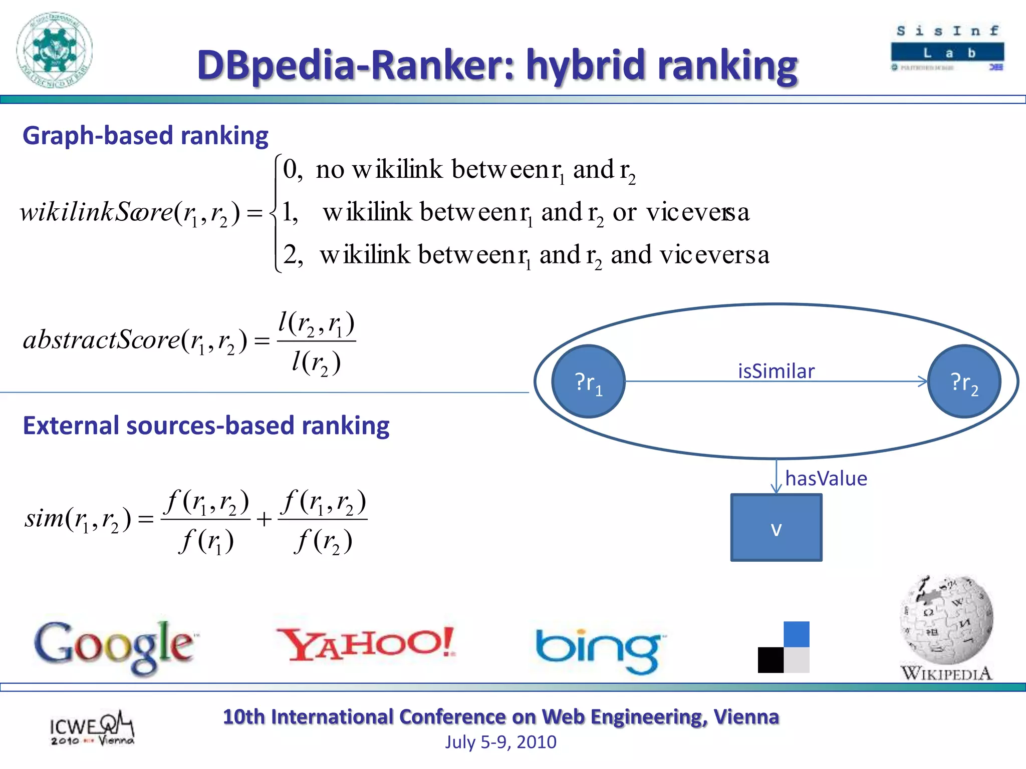 10th International Conference on Web Engineering, Vienna
July 5-9, 2010
DBpedia-Ranker: hybrid ranking
?r1 ?r2
isSimilar
v
hasValue
)(
),(
)(
),(
),(
2
21
1
21
21
rf
rrf
rf
rrf
rrsim 






viceversaandrandrbetweenwikilink,2
saor viceverrandrbetweenkwikilin,1
randrbetweenwikilinkno,0
),(
21
21
21
21 rrorewikilinkSc
)(
),(
),(
2
12
21
rl
rrl
rroreabstractSc 
Graph-based ranking
External sources-based ranking
 