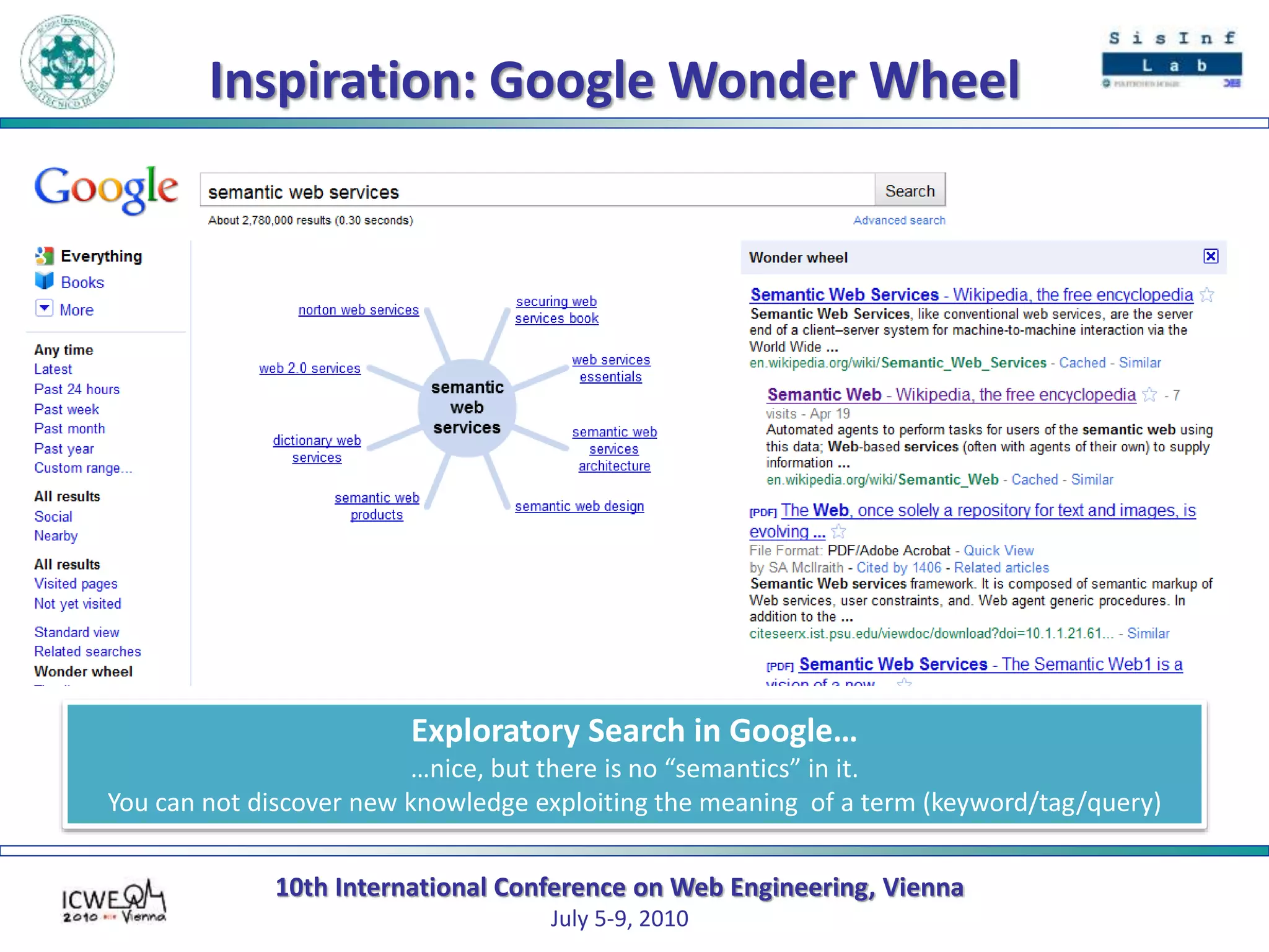 10th International Conference on Web Engineering, Vienna
July 5-9, 2010
Inspiration: Google Wonder Wheel
Exploratory Search in Google…
…nice, but there is no “semantics” in it.
You can not discover new knowledge exploiting the meaning of a term (keyword/tag/query)
 