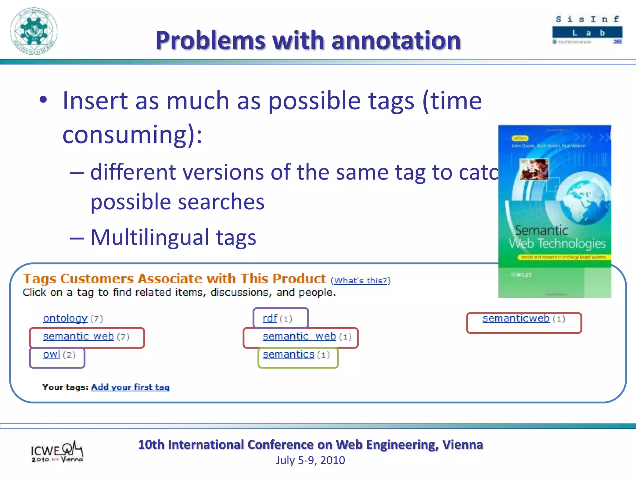 10th International Conference on Web Engineering, Vienna
July 5-9, 2010
Problems with annotation
• Insert as much as possible tags (time
consuming):
– different versions of the same tag to catch all the
possible searches
– Multilingual tags
 