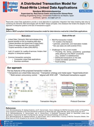 A Distributed Transaction Model for
Read-Write Linked Data Applications
Nandana Mihindukulasooriya
Supervised by: Raúl García Castro and Asunción Gómez-Pérez
Ontology Engineering Group, Universidad Politécnica de Madrid, Spain
{nmihindu, rgarcia, asun}@fi.upm.es
Read-write Linked Data applications provide a novel alternative to application integration that helps breaking data silos by
combining the Semantic Web technologies with the REST design principles. One drawback that hinders the adoption of this
approach in enterprise systems is the lack of transactions support.
Objective:
Define a REST-compliant distributed transaction model for data-intensive read-write Linked Data applications
• Linked Data / Semantic Web technologies bring
several benefits to EAI by breaking data silos
* Global identifiers and typed links (Linked Data)
* Ease of merging data from sources (RDF)
* Explicit semantics of data (OWL/RDFS)
• Lack of support for quality-of-services hinders their
adoption in enterprise systems
• Common transaction scenarios
• Composite Linked Data applications
• Business workflows
Our approach
The key features of the proposed transaction model are:
* Transactions as Linked Data resources * Transaction ontology and media types * Hypermedia-driven
* Multi-version concurrency control * aligned with W3C LDP * Distributed transactions support
Motivation
Presenter
Nandana Mihindukulasooriya
@nandanamihindu / nmihindu@fi.upm.es
State-of-the-art
• RESTful transaction models
* 8+ models in the literature
* optimistic, pessimistic, and reservation models
* few use cases are well-covered (TCC)
• Challenges for the current models
* Providing the strong consistency guarantees
while adhering to the REST constraints
(e.g., isolation vs statelessness)
* Distributed transactions on the web
* Create and delete operations
* Fault handling
References:
[1] N. Mihindukulasooriya, M. Esteban-Gutierrez, and R. García-Castro. Seven challenges for RESTful transaction models. In Proceedings
of the companion publication of the 23rd international conference on World wide web, pages 949–952, Seoul, South Korea, Apr 2014.
[2] N. Mihindukulasooriya, R. García-Castro, and A. Gómez-Pérez. A Distributed Transaction Model for Read-Write Linked Data
Applications. Engineering the Web in the Big Data Era. Springer International Publishing, 2015. 631-634.
[3] N. Mihindukulasooriya, M. Esteban-Gutierrez, R. García-Castro, and A. Gómez-Pérez. A Survey of RESTful Transaction Models: One
Model Does not Fit All. Accepted for the Journal of Web Engineering.
Transaction ontology Transaction lifecycle
dependsOn
{transitive}
Transaction
ActiveTransaction
status=Active
Finished
Transaction
Lock
SharedLock
access=Shared
Transactional
Resource
Transactional
Container
Persistent
Provisional
Resource
state=Persistent
Transient
Provisional
Resource
state=Transient
Transaction
Manager
Transaction
Status
Transaction
Composition
InFlightTransaction
status={Committing,
Aborting, Rollingback}
Ongoing
Transaction
AccessType
hasWorkingCopy
{owl:InverseFunctionalProperty}
ExclusiveLock
access=Exclusive
Provisional
Resource
access
{owl:cardinality 1}
exhaustive
{owl:unionOf}
disjoint
{owl:disjointWith}
disjoint
{owl:disjointWith}
exhaustive
{owl:unionOf}
disjoint
{owl:disjointWith}
exhaustive
{owl:unionOf}
disjoint
{owl:disjointWith}
status
{owl:cardinality 1}
exhaustive
{owl:unionOf}
hasParticipant
{owl:InverseFunctionalProperty,
owl:minQualifiedCardinality 1}
participatesIn
{owl:maxQualifiedCardinality 1}
disjoint
{owl:disjointWith}
exhaustive
{owl:unionOf}
controlledBy
{owl:cardinality 1}
involves
hasLock
{owl:InverseFunctionalProperty}
isWorkingCopyOf
{copyFor ○ locks}
locks
{owl:InverseFunctionalProperty,
owl:cardinality 1}
contains
{owl:InverseFunctionalProperty}
manages
{owl:InverseFunctionalProperty}
Persistency
State
state
{owl:cardinality 1}
hasPersistentCopy
{owl:cardinality1}
hasTransientCopy
hasNestedTransientCopy
{hasWorkingCopy○hasDependant}
RollbackFailed
Transaction
status=RollbackFailed
Completed
Transaction
Committed
Transaction
status=Committed
Rolledback
Transaction
status=Rolledback
Aborted
Transaction
status=Aborted
AbortFailed
Transaction
status=AbortFailed
Failed
Transaction
exhaustive
{owl:unionOf}
disjoint
{owl:disjointWith}
disjoint
{owl:disjointWith}
exhaustive
{owl:unionOf}
On-going
In-Flight
Active
Committing
Aborting
Rolling Back
Committed
Aborted
Rolledback
«new»
«commit»
«abort»
«rollback»
«complete»
«complete»
«complete»
Completed
«dispose»
«dispose»
«dispose»
«enroll»
POST
TransactionManager
POST Transaction/E
DELETE Transaction
DELETE Transaction
DELETE Transaction
POST Transaction/A
POST Transaction/C
Failed
Rollback
Failed
Abort
Failed
«fail»
«fail»
Finished
Protocol Overview
 