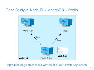 60
Case Study 2: NodeJS + MongoDB + Redis
Reproduce Bugs present in a Version of a CRUD Web Application
Redis
NodeJS App
l...