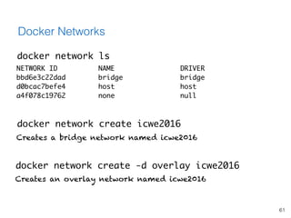61
Docker Networks
docker network create icwe2016
Creates a bridge network named icwe2016
NETWORK ID NAME DRIVER
bbd6e3c22...