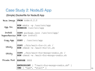 70
Case Study 2: NodeJS App
(Simple) Dockerfile for NodeJS App
FROM node:6.2.0
RUN mkdir -p /usr/src/app
WORKDIR /usr/src/...