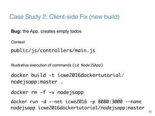 82
Case Study 2: Client-side Fix (new build)
docker build -t icwe2016dockertutorial/
nodejsapp:master .
Illustrative execu...
