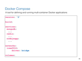 85
Docker Compose
A tool for deﬁning and running multi-container Docker applications
version: '2'
build:
services:
mongodb...