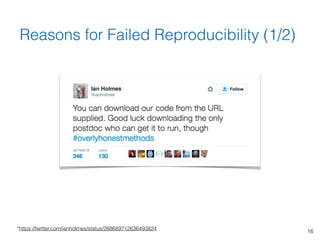 16
Reasons for Failed Reproducibility (1/2)
*https://twitter.com/ianholmes/status/288689712636493824
 