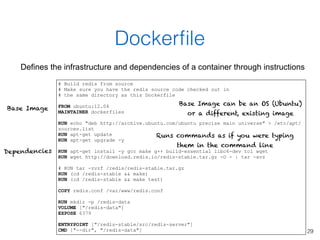 29
Dockerﬁle
Defines the infrastructure and dependencies of a container through instructions
# Build redis from source
# M...