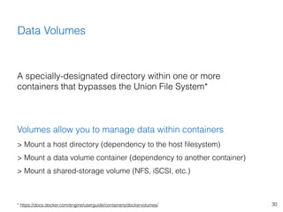 30
Data Volumes
A specially-designated directory within one or more
containers that bypasses the Union File System* 
 
Vol...