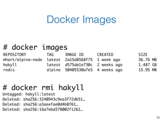 33
Docker Images
# docker images
REPOSITORY TAG IMAGE ID CREATED SIZE
mhart/alpine-node latest 2a15d8568f75 1 week ago 36....