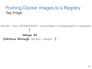 43
Pushing Docker Images to a Registry 
Tag Image
docker tag c6fdd6639541 <username>/<imagename>:<tagname>
Image Id  
(ret...