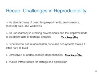 Recap: Challenges in Reproducibility
> No standard way of describing experiments, environments,
(derived) data, and workﬂo...