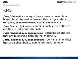 RMS
/rms/channels - every sub-resource represents a
hierarchical channel where entities can post data to,
ex: /rms/channels/ethz/ifw/floor/d/49.2
/rms/subscriptions - contains each subscription of
entities to individual channels
/rms/channels/x/publishers - contains all entities
that are publishing data on the channel x
/rms/channels/y/subscribers - contains all entities
that are subscribed to events on the channel y
 