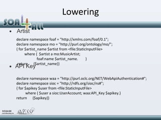 Lowering <ul><li>Artist </li></ul><ul><li>API Key </li></ul>declare namespace foaf = &quot;http://xmlns.com/foaf/0.1&quot;...