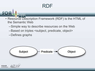 RDF <ul><li>Resource Description Framework (RDF) is the HTML of the Semantic Web </li></ul><ul><ul><li>Simple way to descr...