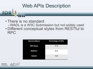 Web APIs Description <ul><li>There is no standard </li></ul><ul><ul><li>WADL is a W3C Submission but not widely used </li>...