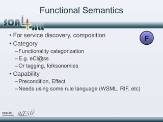 Functional Semantics <ul><li>For service discovery, composition </li></ul><ul><li>Category </li></ul><ul><ul><li>Functiona...