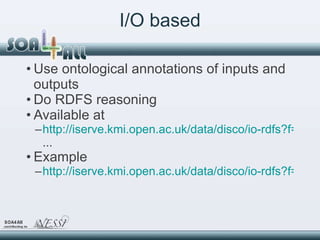 I/O based <ul><li>Use ontological annotations of inputs and outputs </li></ul><ul><li>Do RDFS reasoning </li></ul><ul><li>...