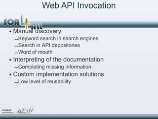 Web API Invocation <ul><li>Manual discovery </li></ul><ul><ul><li>Keyword search in search engines </li></ul></ul><ul><ul>...