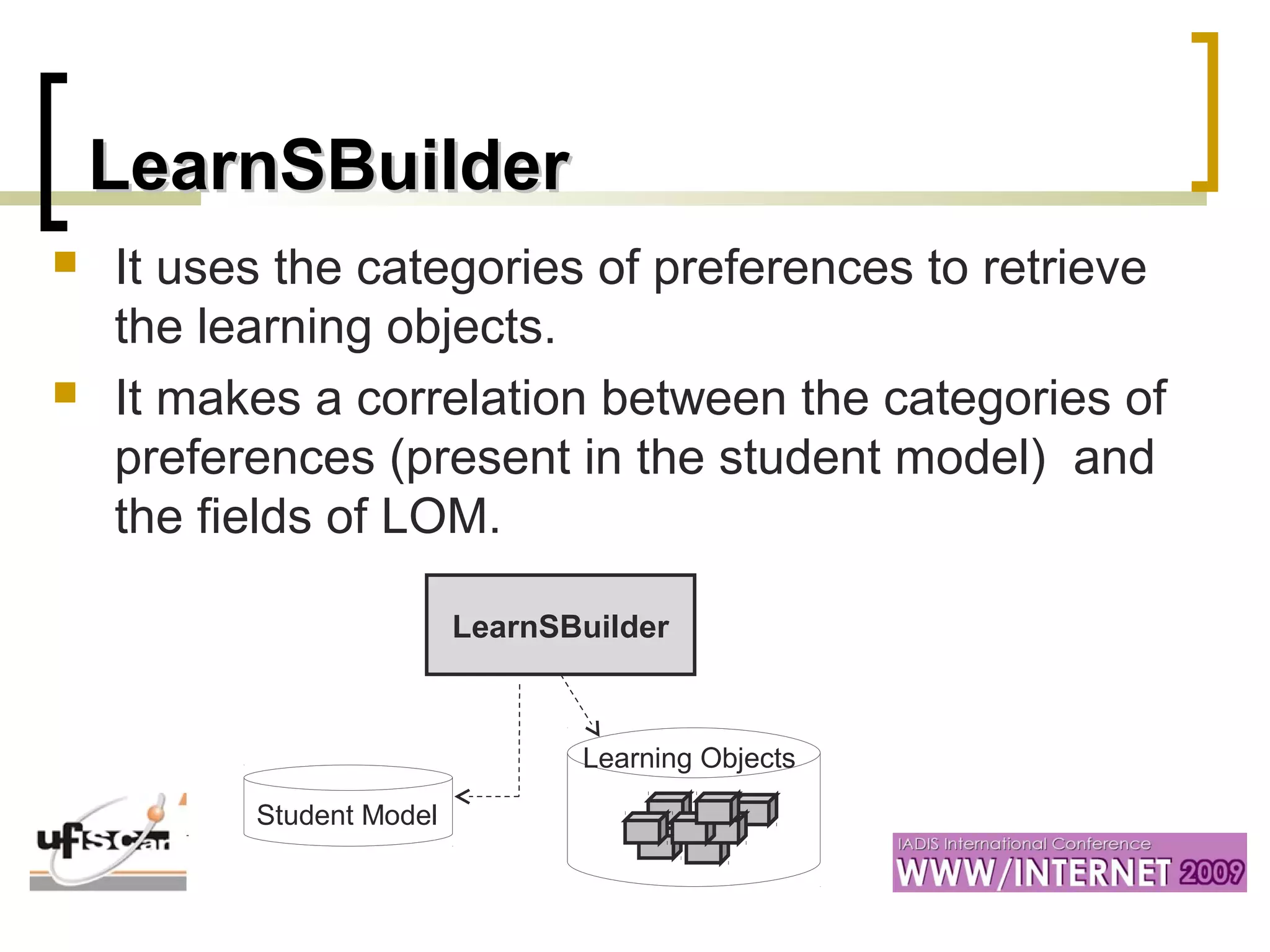LearnSBuilderLearnSBuilder
 It uses the categories of preferences to retrieve
the learning objects.
 It makes a correlation between the categories of
preferences (present in the student model) and
the fields of LOM.
Learning Objects
Student Model
LearnSBuilder
 